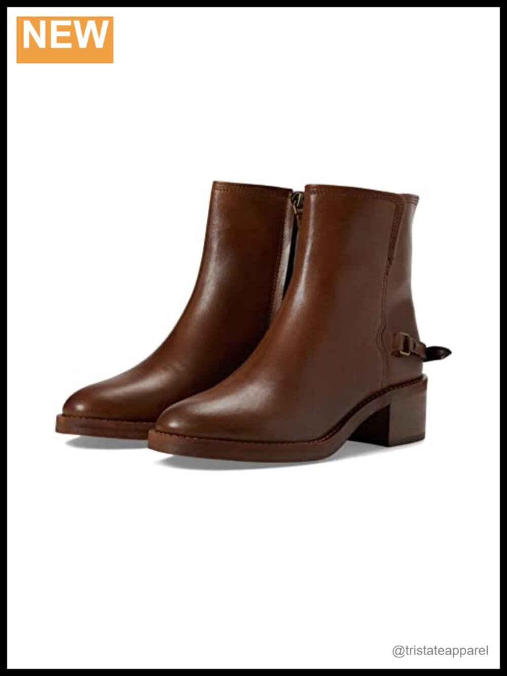 Ankle Bootie with Buckle Detail, Almond Toe, Block Heel, Zip Closure, Premium
